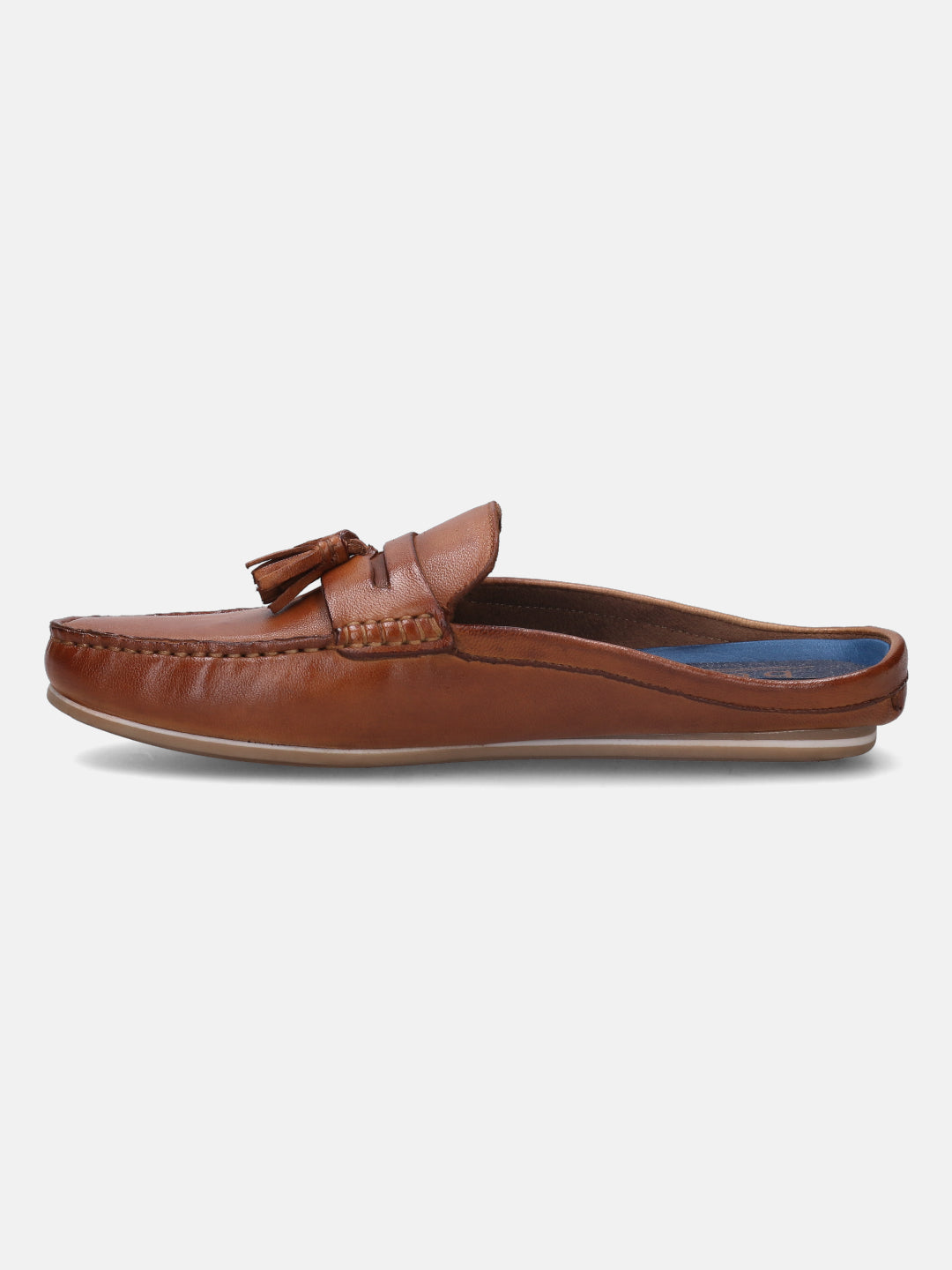 A cognac Men's bugatti  Mules featuring a square toe plain toe, zero heels heel. Made from premium genuine leather with a durable tpr outsole, this slip-on design offers both style and comfort.