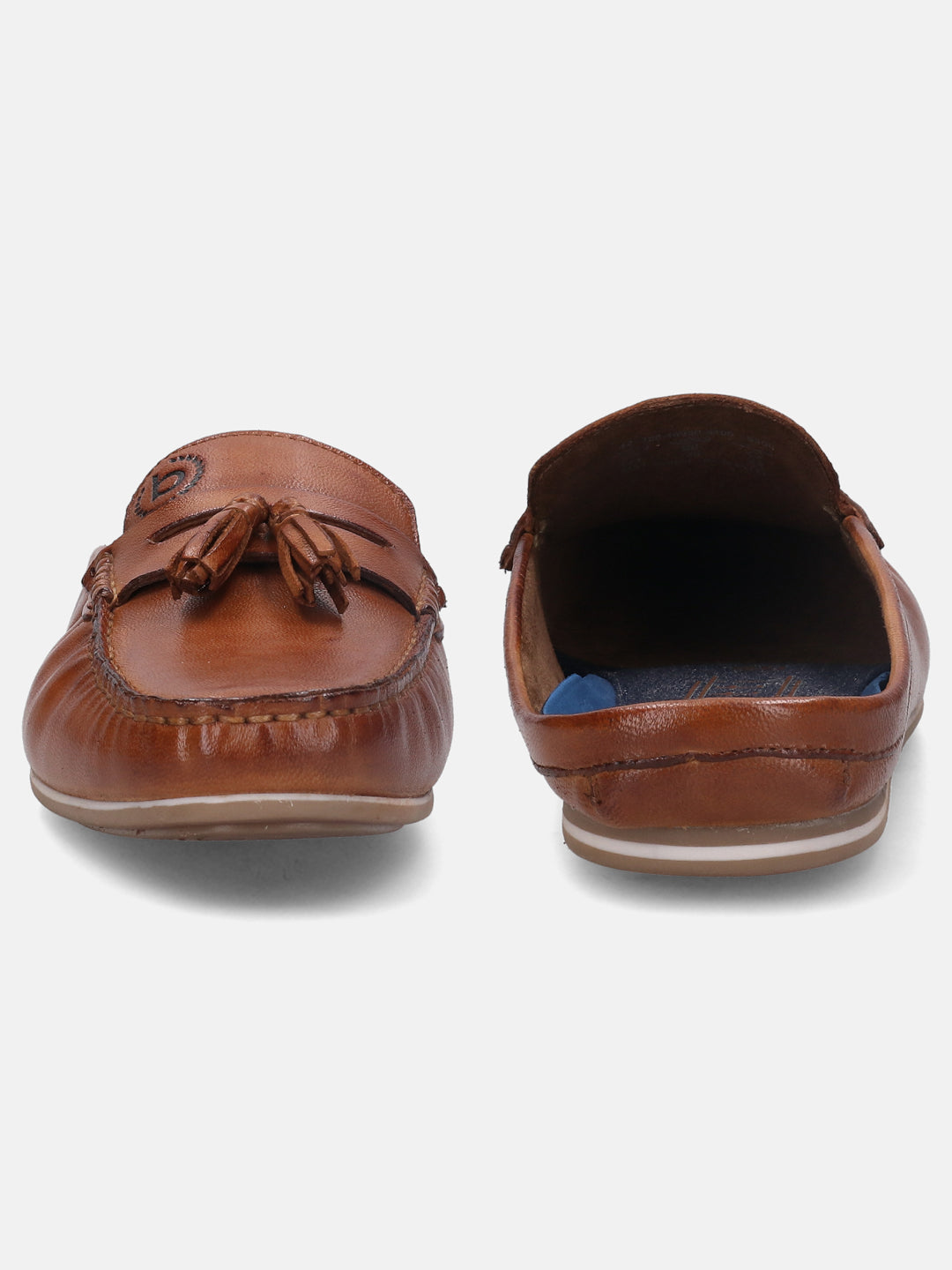 A cognac Men's bugatti  Mules featuring a square toe plain toe, zero heels heel. Made from premium genuine leather with a durable tpr outsole, this slip-on design offers both style and comfort.