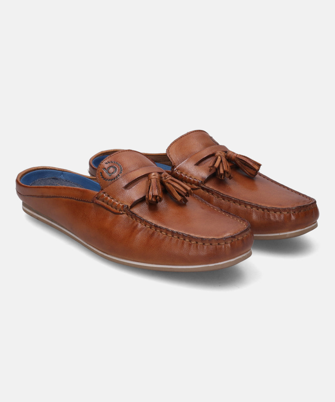 A cognac Men's bugatti  Mules featuring a square toe plain toe, zero heels heel. Made from premium genuine leather with a durable tpr outsole, this slip-on design offers both style and comfort.