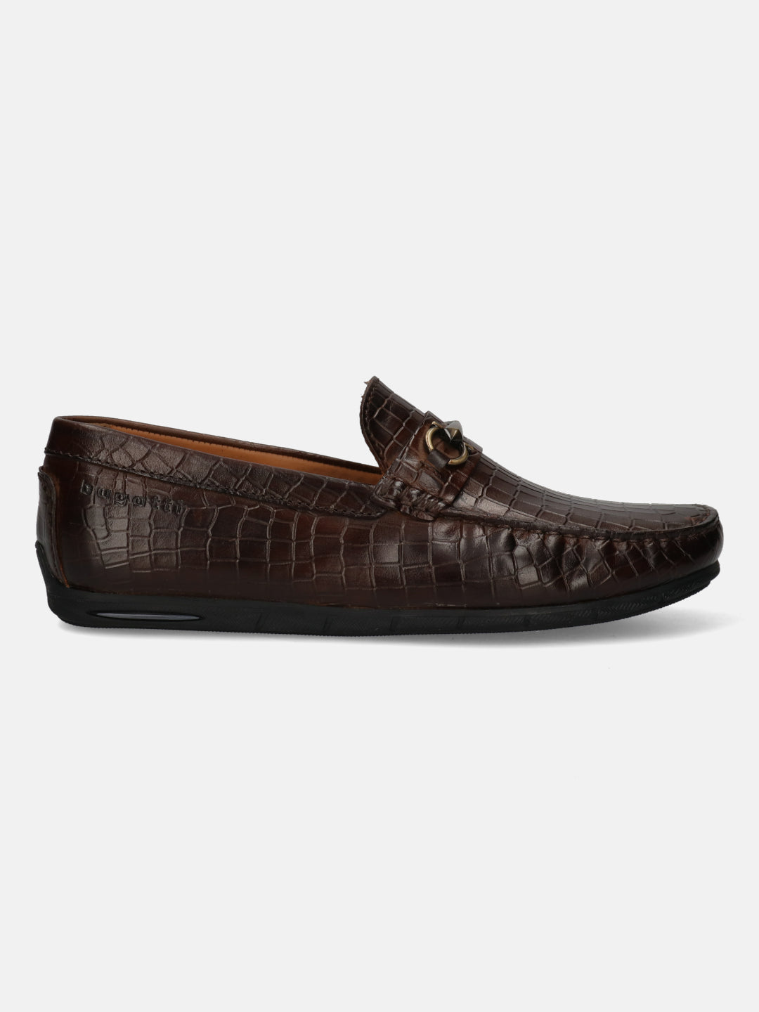 A brown Men's bugatti  Casual Loafers featuring a square toe apron toe, zero heels heel. Made from patent leather with a durable tr outsole, this slip-on design offers both style and comfort.