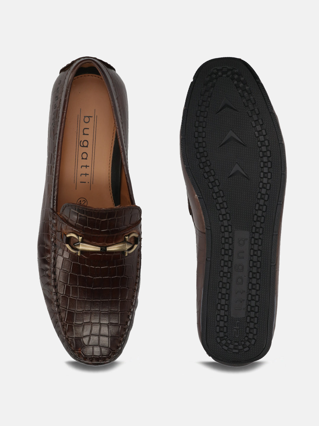 A brown Men's bugatti  Casual Loafers featuring a square toe apron toe, zero heels heel. Made from patent leather with a durable tr outsole, this slip-on design offers both style and comfort.