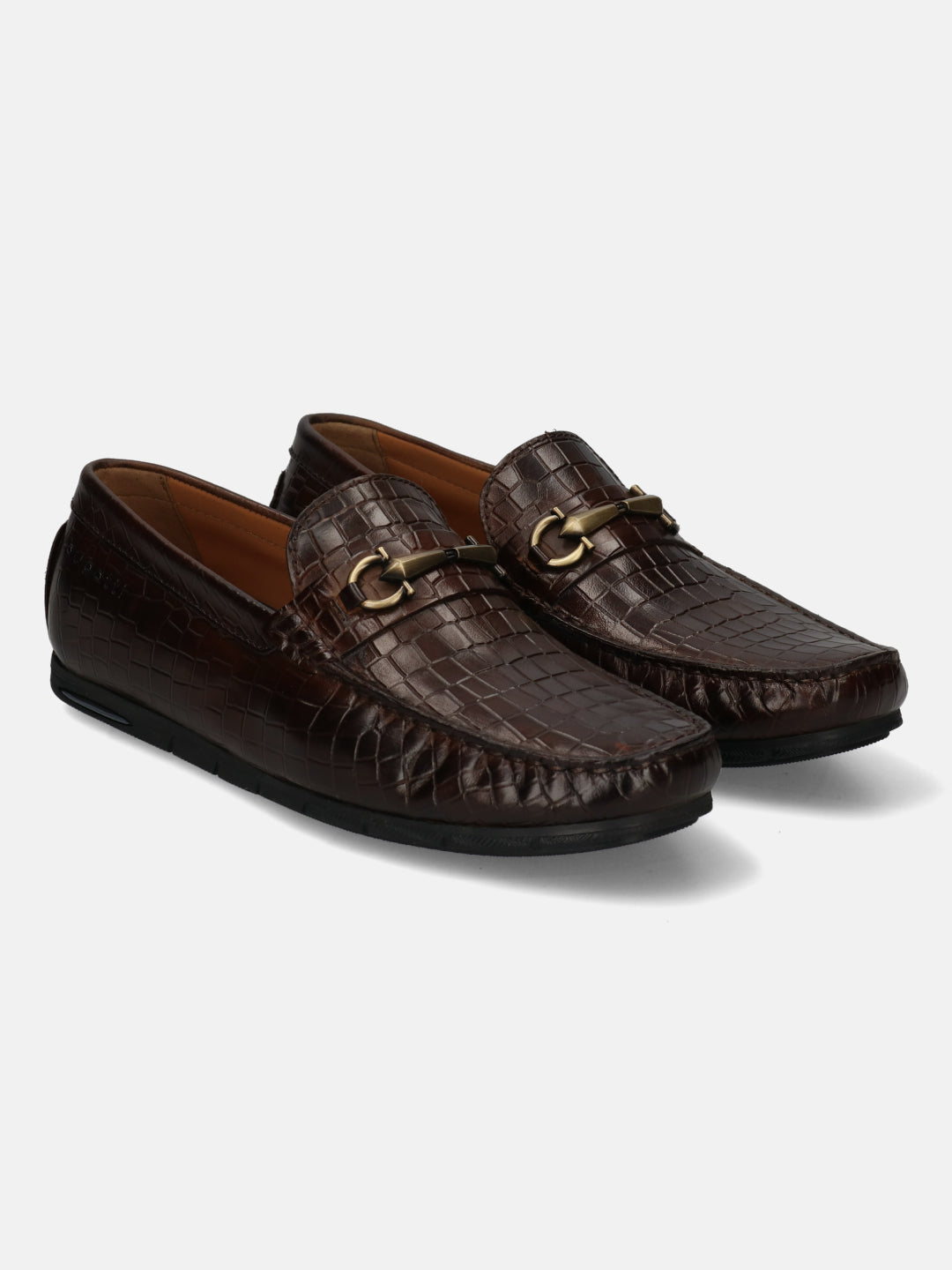 A brown Men's bugatti  Casual Loafers featuring a square toe apron toe, zero heels heel. Made from patent leather with a durable tr outsole, this slip-on design offers both style and comfort.