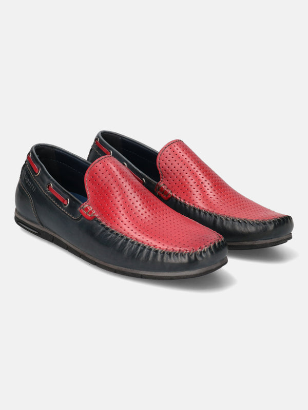 A blue Men's bugatti  Casual Loafers featuring a square toe apron toe, zero heels heel. Made from premium genuine leather with a durable tr outsole, this slip-on design offers both style and comfort.