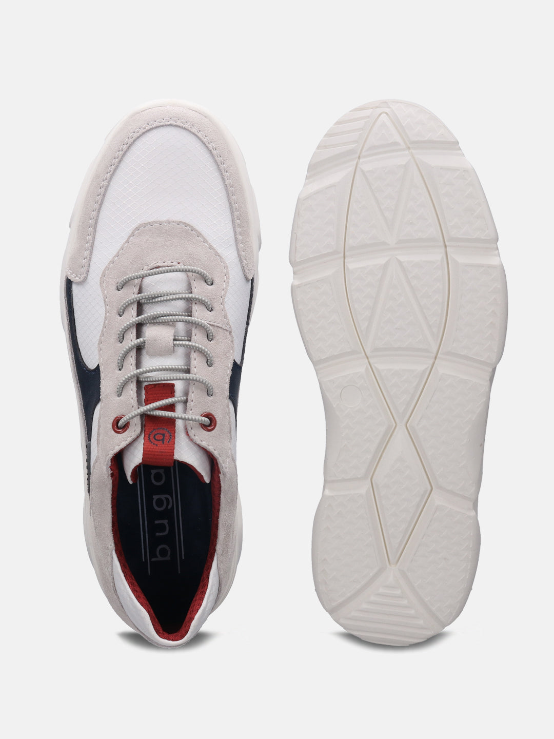A white Men's bugatti Sneakers featuring a round plain toe, zero heels heel. Made from suede leather with a durable eva outsole, this laces design offers both style and comfort.