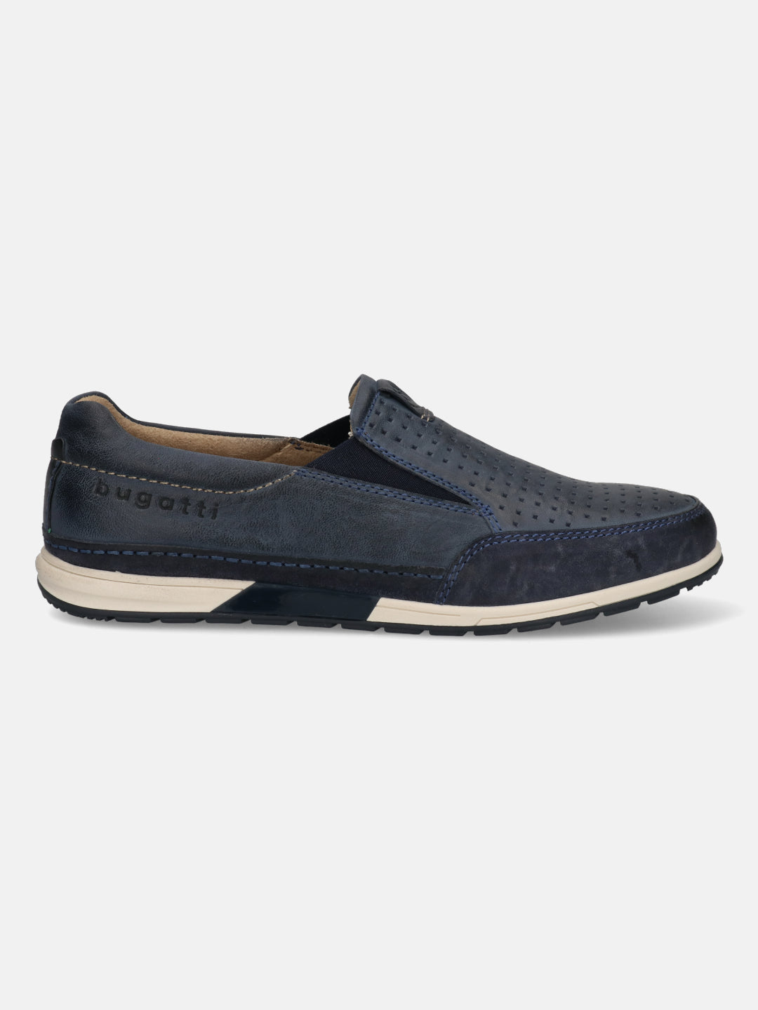 A blue Men's bugatti  Slip-On Sneakers featuring a round toe plain toe, zero heels heel. Made from nubuck leather with a durable tpr outsole, this slip-on design offers both style and comfort.