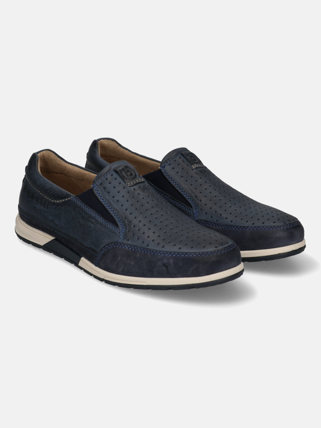 A blue Men's bugatti  Slip-On Sneakers featuring a round toe plain toe, zero heels heel. Made from nubuck leather with a durable tpr outsole, this slip-on design offers both style and comfort.