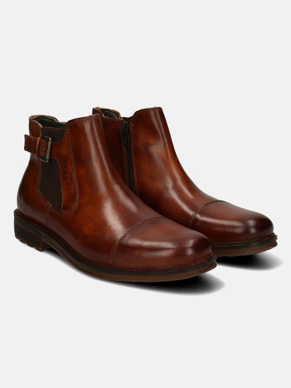 A cognac Men's bugatti  Chelsea Boots featuring a pointed toe toe cap, stacked heel. Made from premium genuine leather with a durable tpr outsole, this elastic design offers both style and comfort.