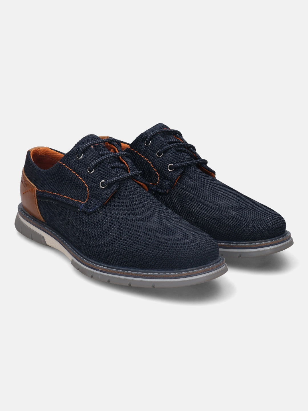 A blue Men's bugatti Derby featuring a pointed plain toe, zero heels heel, and a wide fit. Made from textile with a durable tpr outsole, this laces design offers both style and comfort.
