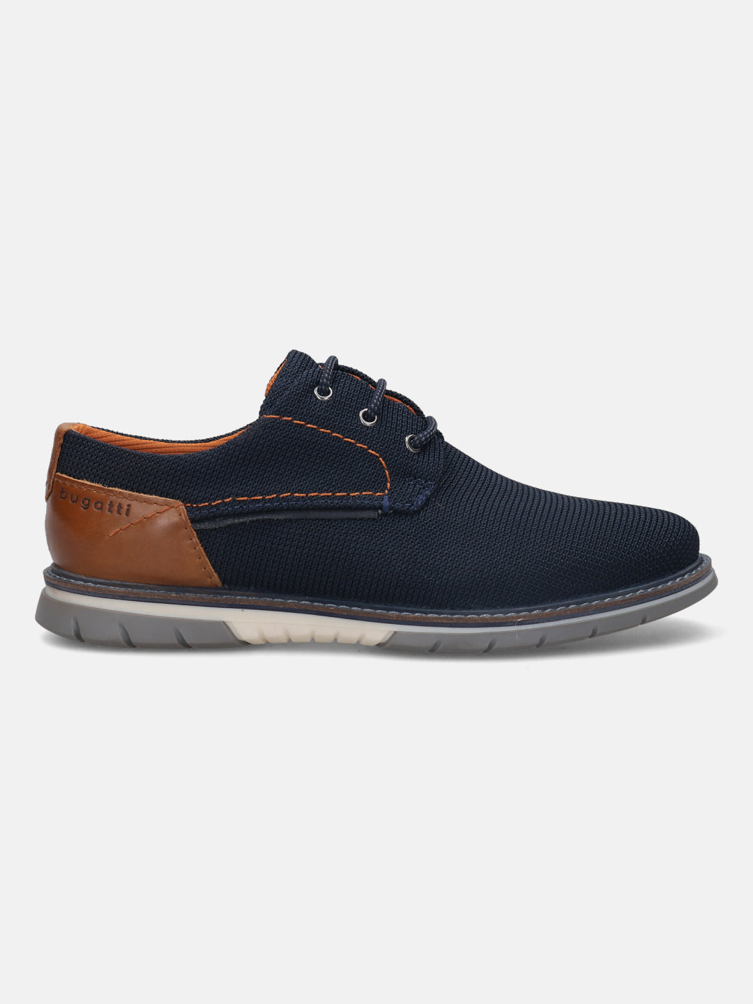 A blue Men's bugatti Derby featuring a pointed plain toe, zero heels heel, and a wide fit. Made from textile with a durable tpr outsole, this laces design offers both style and comfort.