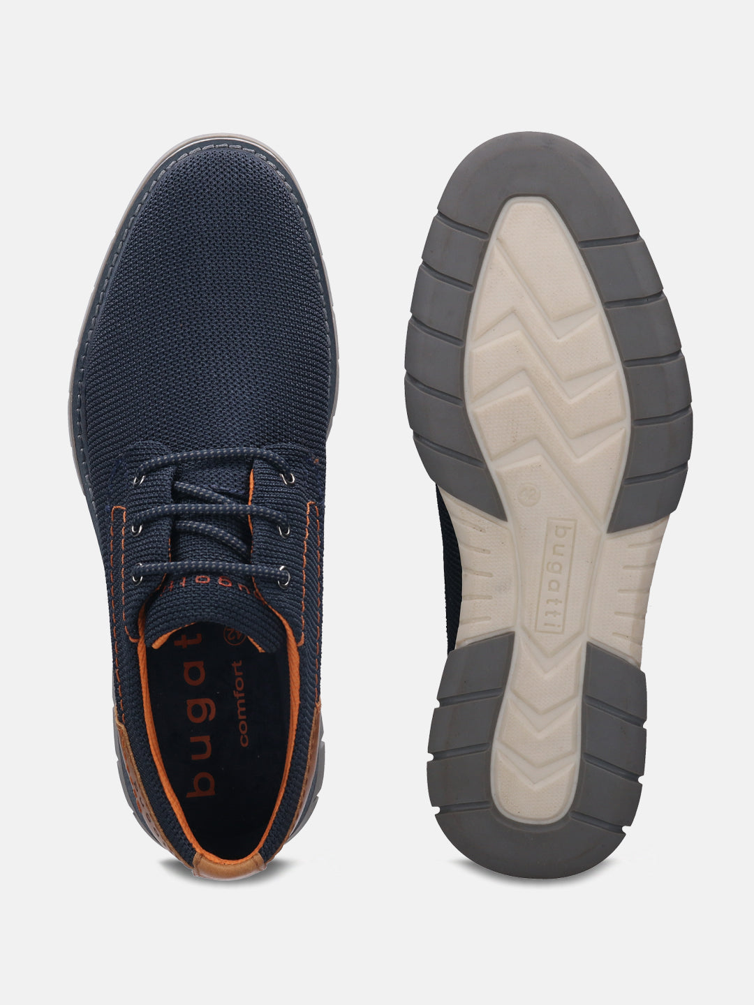 A blue Men's bugatti Derby featuring a pointed plain toe, zero heels heel, and a wide fit. Made from textile with a durable tpr outsole, this laces design offers both style and comfort.