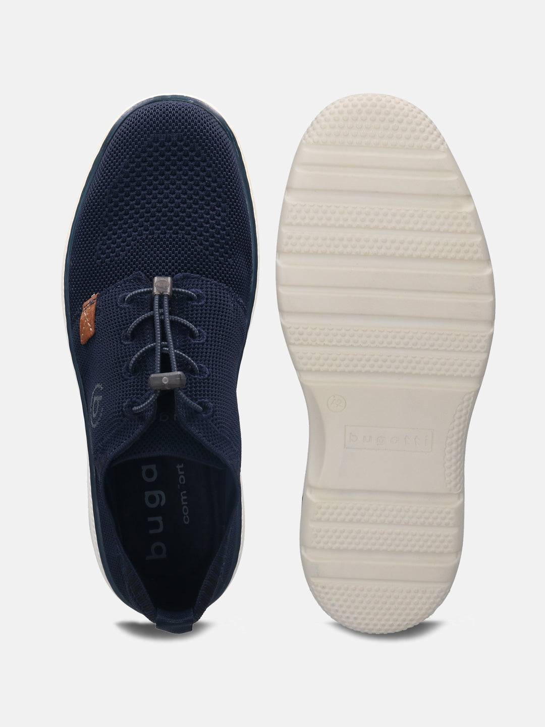 A blue Men's bugatti Casuals Shoes featuring a round plain toe, zero heels heel, and a wide fit. Made from textile with a durable synthetic outsole, this laces design offers both style and comfort.