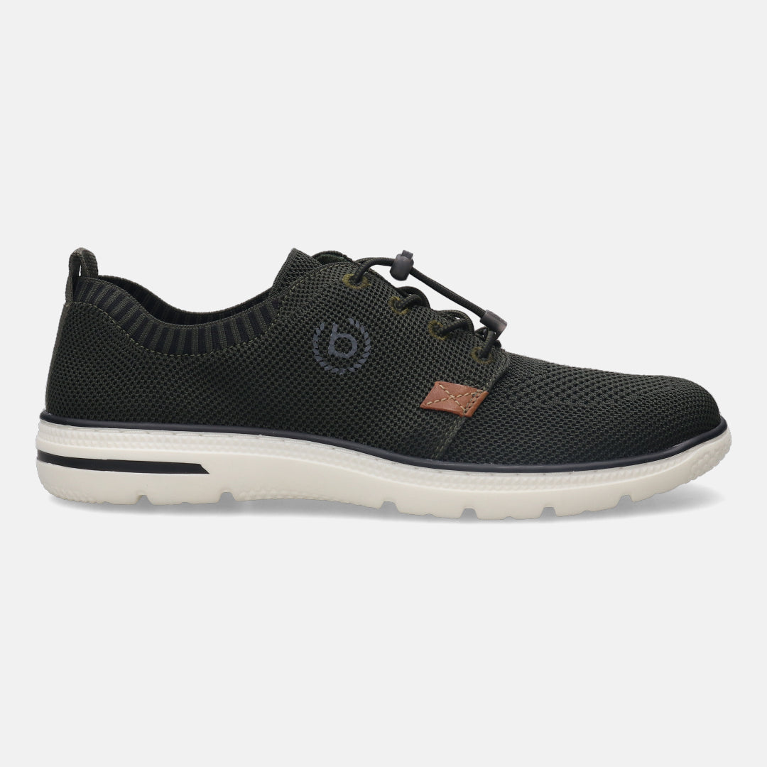 A green Men's bugatti Casuals Shoes featuring a round plain toe, zero heels heel, and a wide fit. Made from textile with a durable synthetic outsole, this laces design offers both style and comfort.