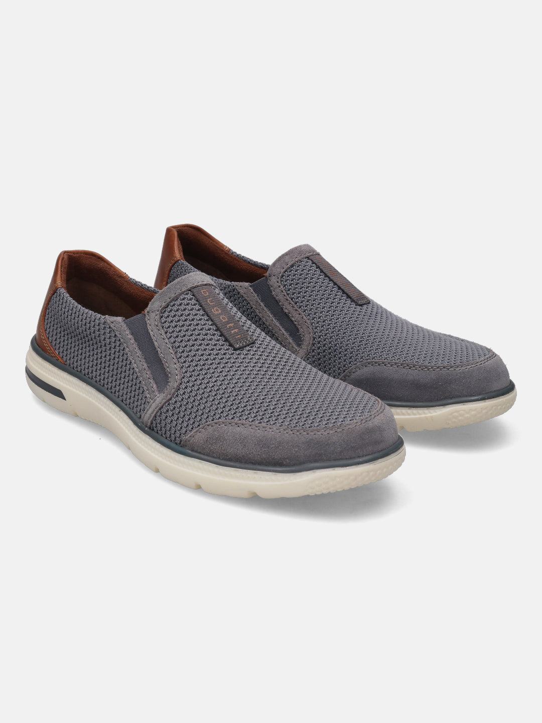 A grey Men's bugatti Casual Loafers featuring a round plain toe, zero heels heel, and a wide fit. Made from textile with a durable synthetic outsole, this slip-on design offers both style and comfort.
