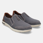 A grey Men's bugatti Casual Loafers featuring a round plain toe, zero heels heel, and a wide fit. Made from textile with a durable synthetic outsole, this slip-on design offers both style and comfort.