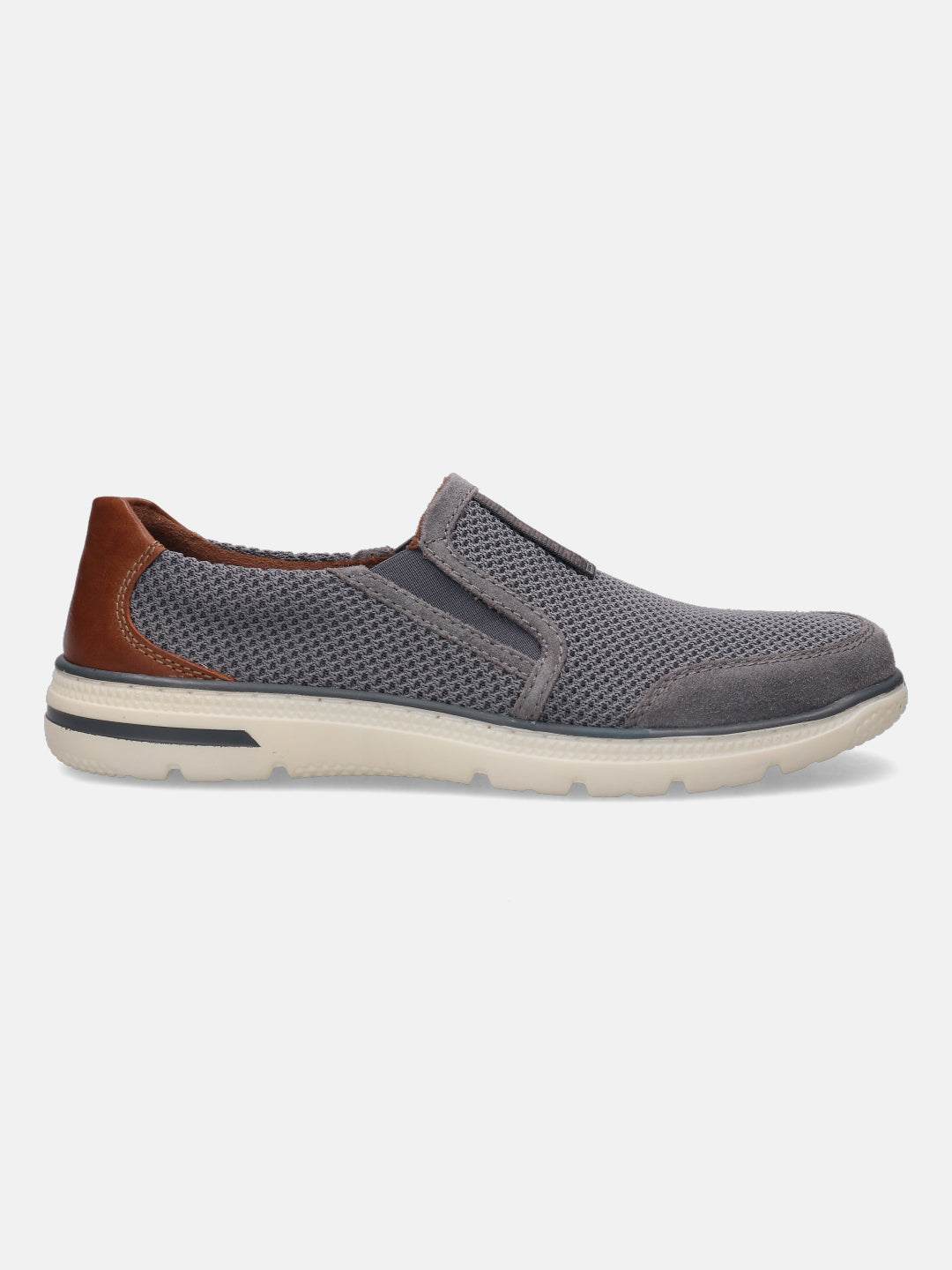 A grey Men's bugatti Casual Loafers featuring a round plain toe, zero heels heel, and a wide fit. Made from textile with a durable synthetic outsole, this slip-on design offers both style and comfort.