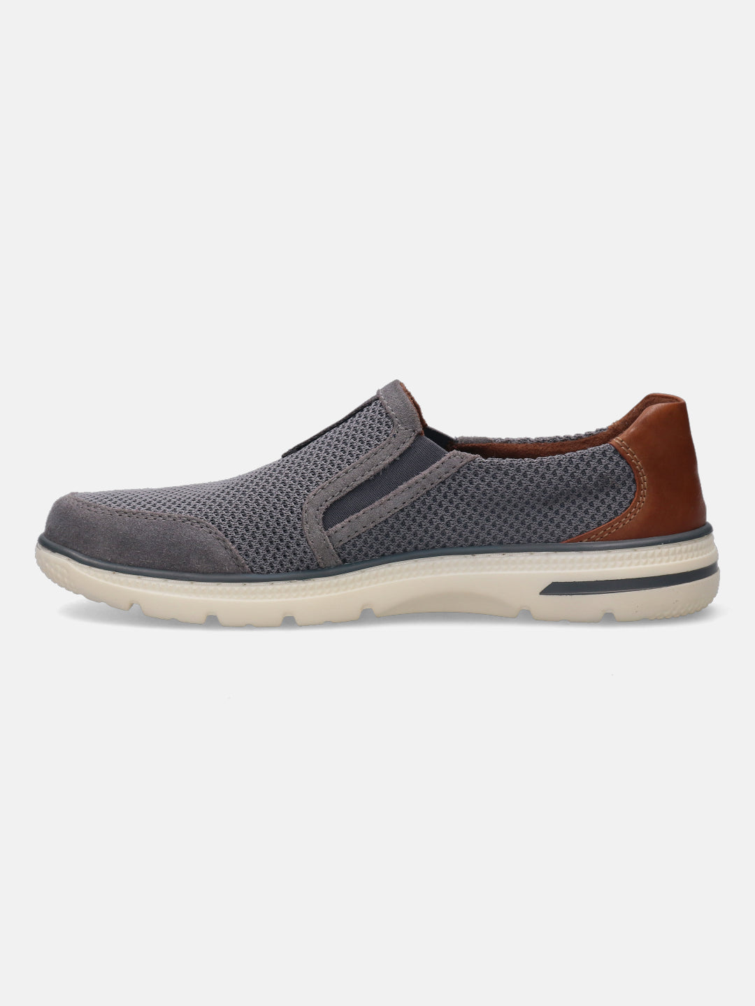 A grey Men's bugatti Casual Loafers featuring a round plain toe, zero heels heel, and a wide fit. Made from textile with a durable synthetic outsole, this slip-on design offers both style and comfort.