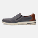 A grey Men's bugatti Casual Loafers featuring a round plain toe, zero heels heel, and a wide fit. Made from textile with a durable synthetic outsole, this slip-on design offers both style and comfort.