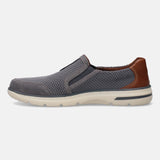 A grey Men's bugatti Casual Loafers featuring a round plain toe, zero heels heel, and a wide fit. Made from textile with a durable synthetic outsole, this slip-on design offers both style and comfort.