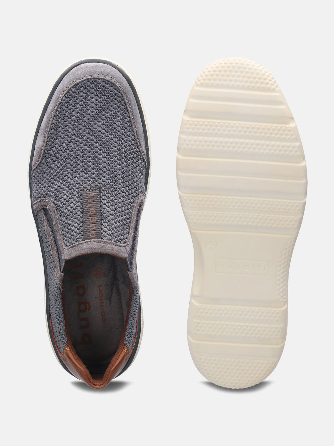 A grey Men's bugatti Casual Loafers featuring a round plain toe, zero heels heel, and a wide fit. Made from textile with a durable synthetic outsole, this slip-on design offers both style and comfort.