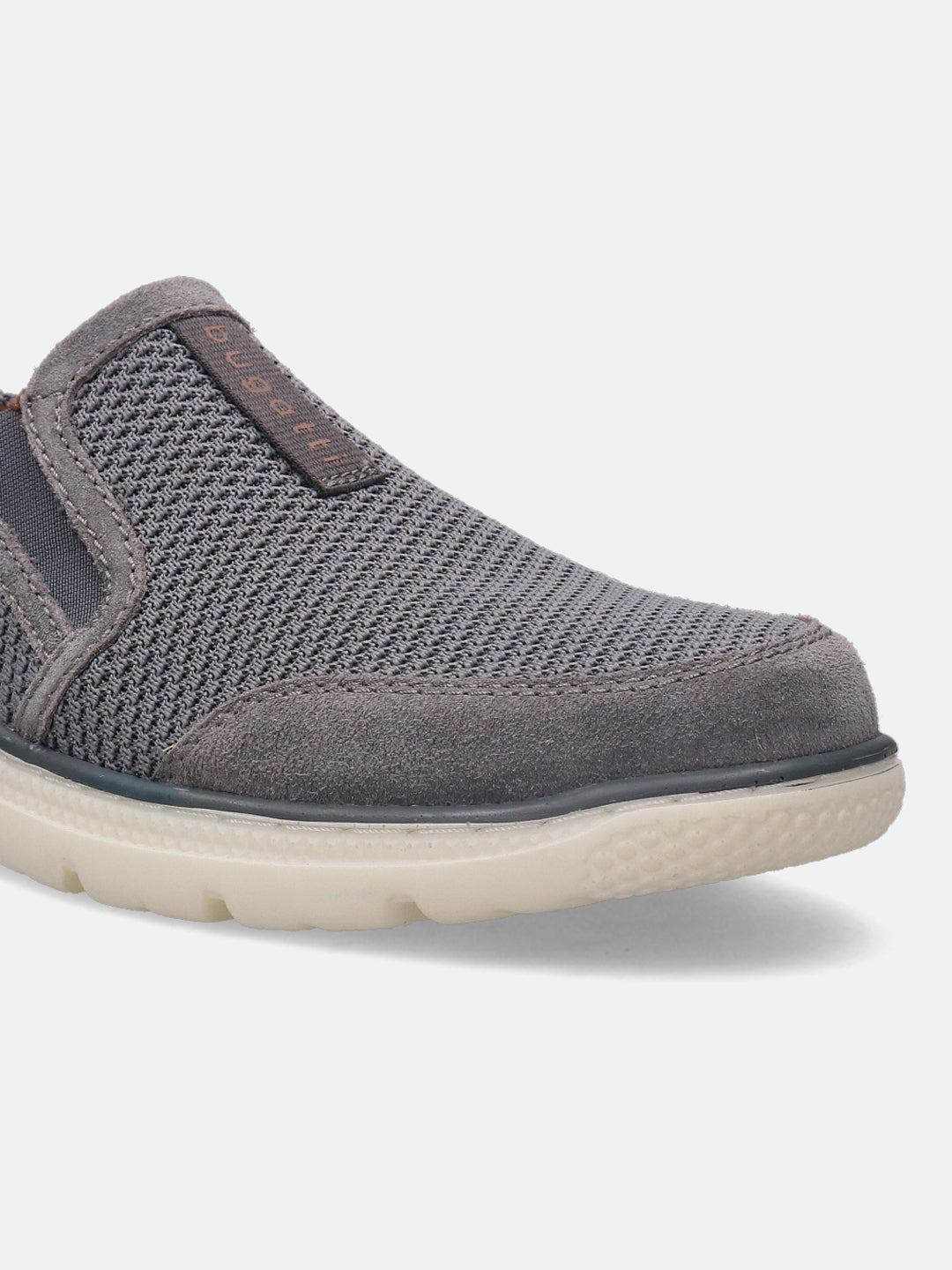A grey Men's bugatti Casual Loafers featuring a round plain toe, zero heels heel, and a wide fit. Made from textile with a durable synthetic outsole, this slip-on design offers both style and comfort.