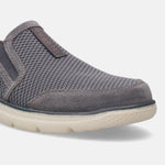 A grey Men's bugatti Casual Loafers featuring a round plain toe, zero heels heel, and a wide fit. Made from textile with a durable synthetic outsole, this slip-on design offers both style and comfort.