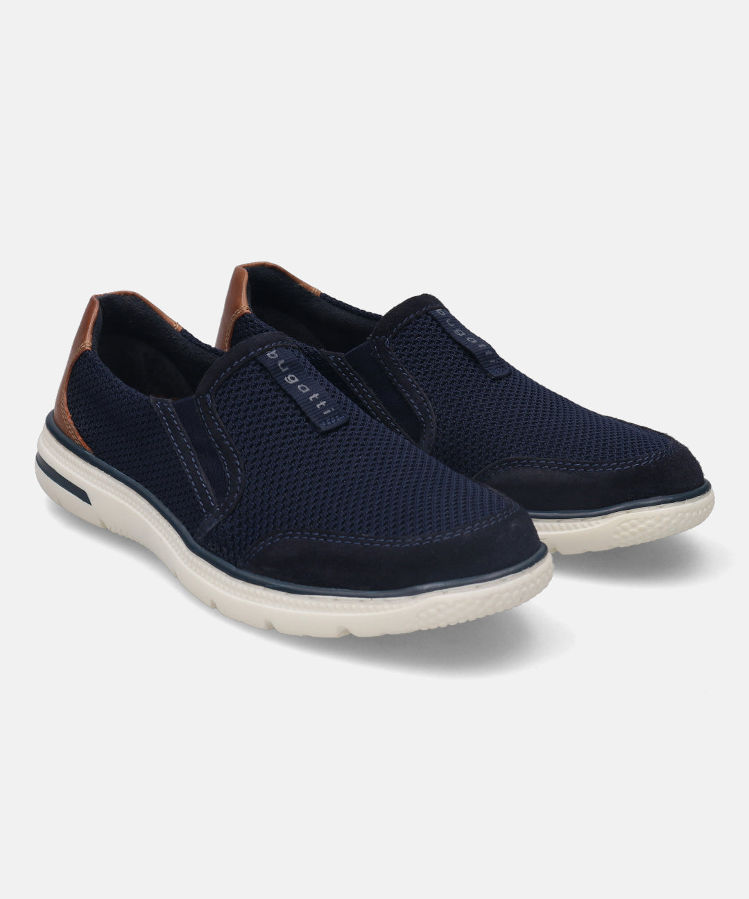 A blue Men's bugatti Casual Loafers featuring a round plain toe, zero heels heel, and a wide fit. Made from textile with a durable synthetic outsole, this slip-on design offers both style and comfort.