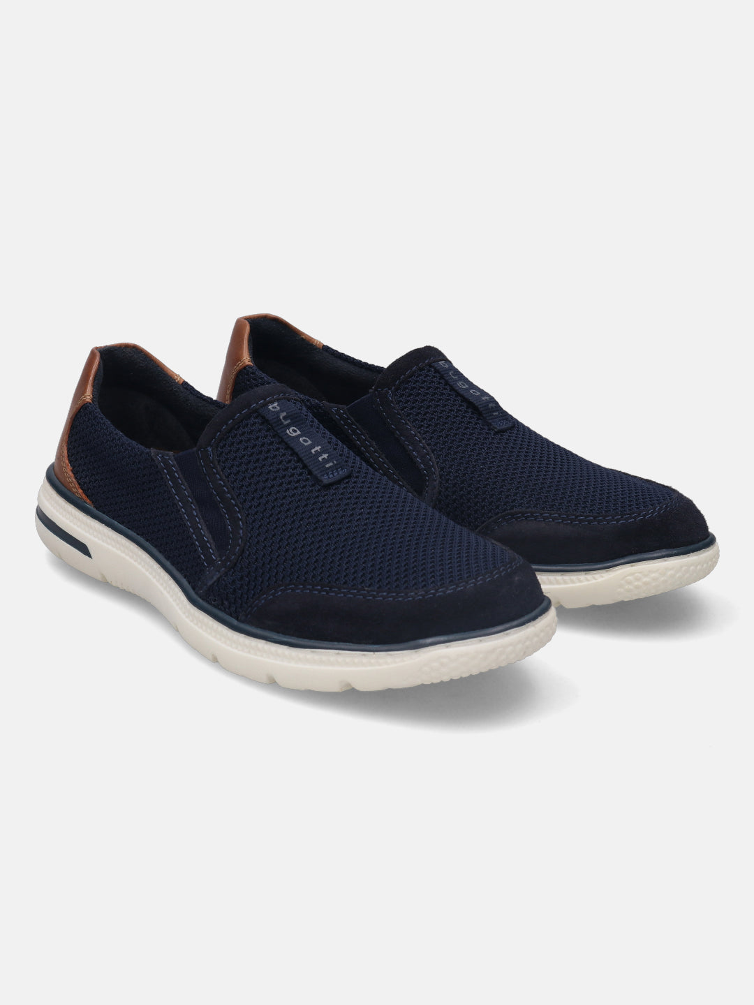A blue Men's bugatti Casual Loafers featuring a round plain toe, zero heels heel, and a wide fit. Made from textile with a durable synthetic outsole, this slip-on design offers both style and comfort.