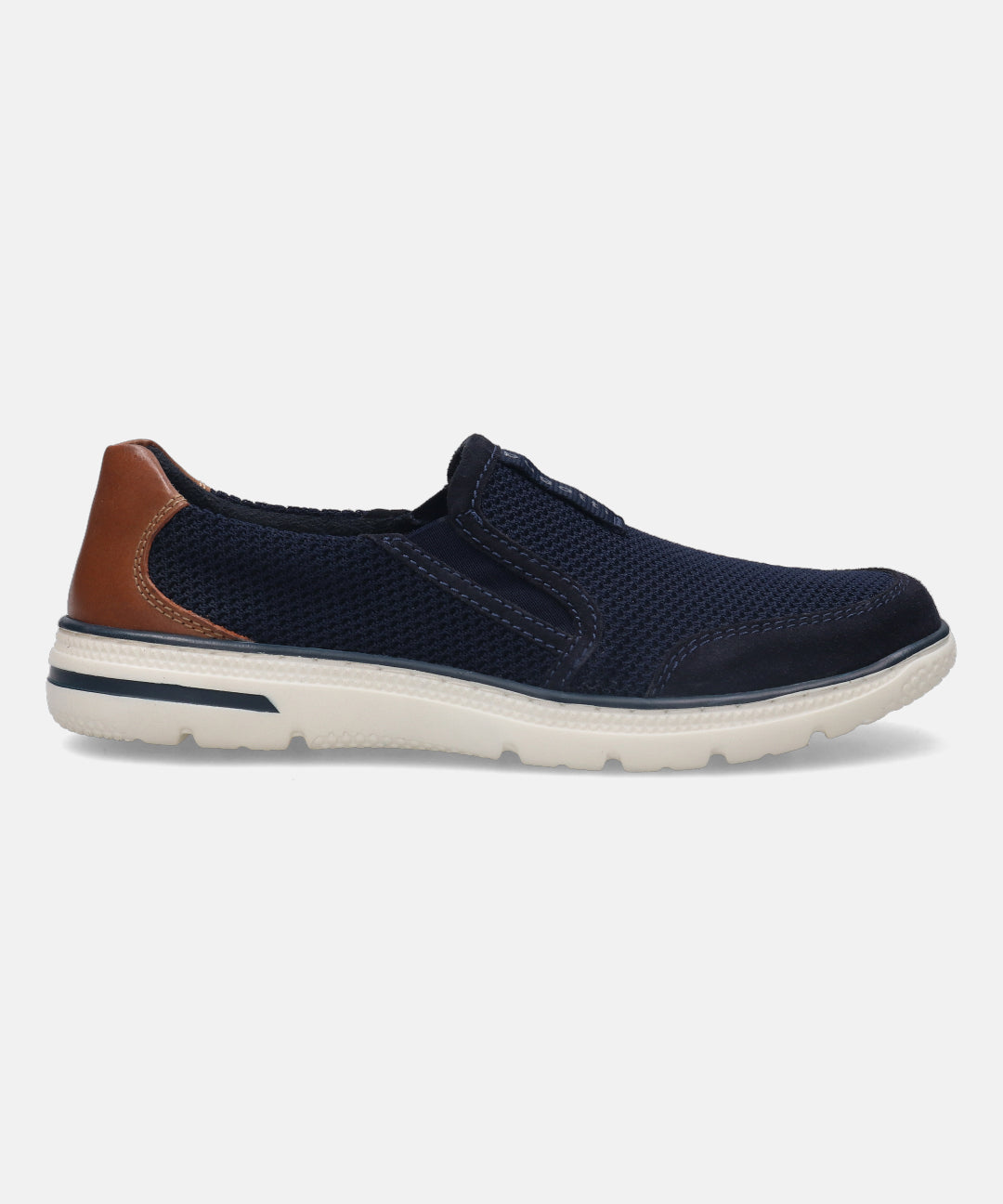 A blue Men's bugatti Casual Loafers featuring a round plain toe, zero heels heel, and a wide fit. Made from textile with a durable synthetic outsole, this slip-on design offers both style and comfort.
