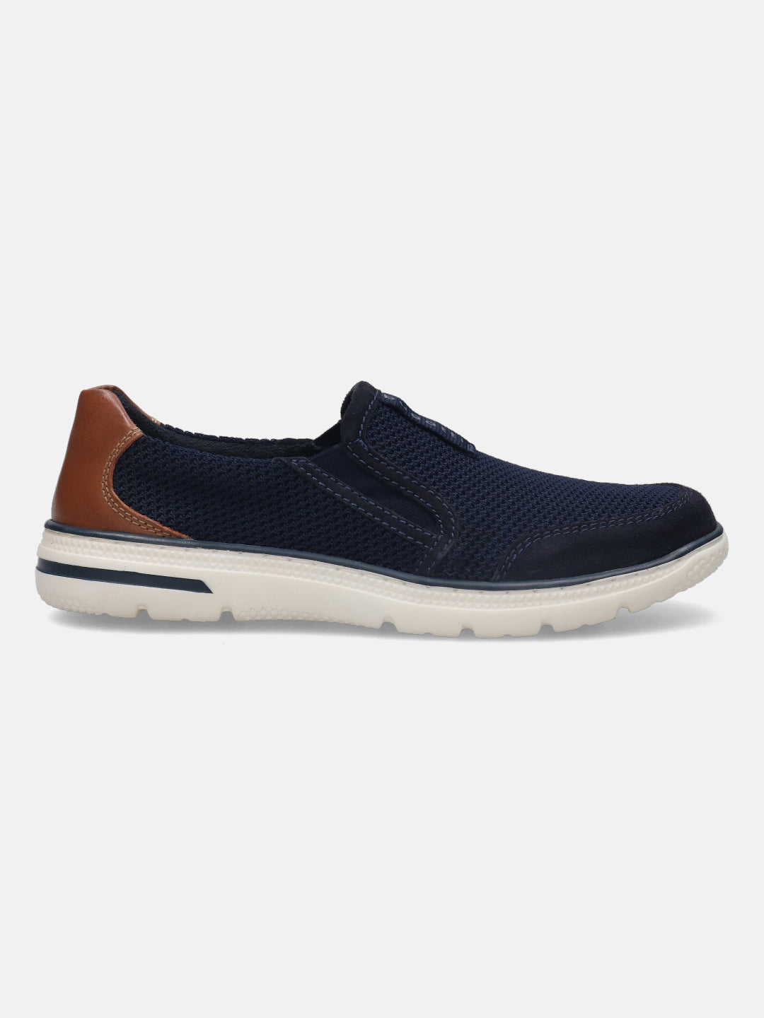 A blue Men's bugatti Casual Loafers featuring a round plain toe, zero heels heel, and a wide fit. Made from textile with a durable synthetic outsole, this slip-on design offers both style and comfort.