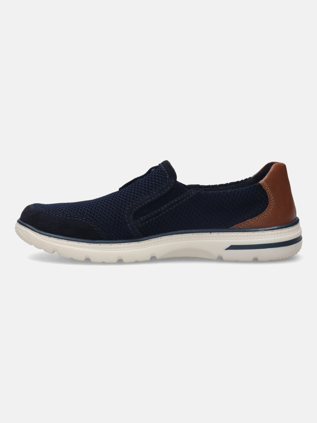 A blue Men's bugatti Casual Loafers featuring a round plain toe, zero heels heel, and a wide fit. Made from textile with a durable synthetic outsole, this slip-on design offers both style and comfort.