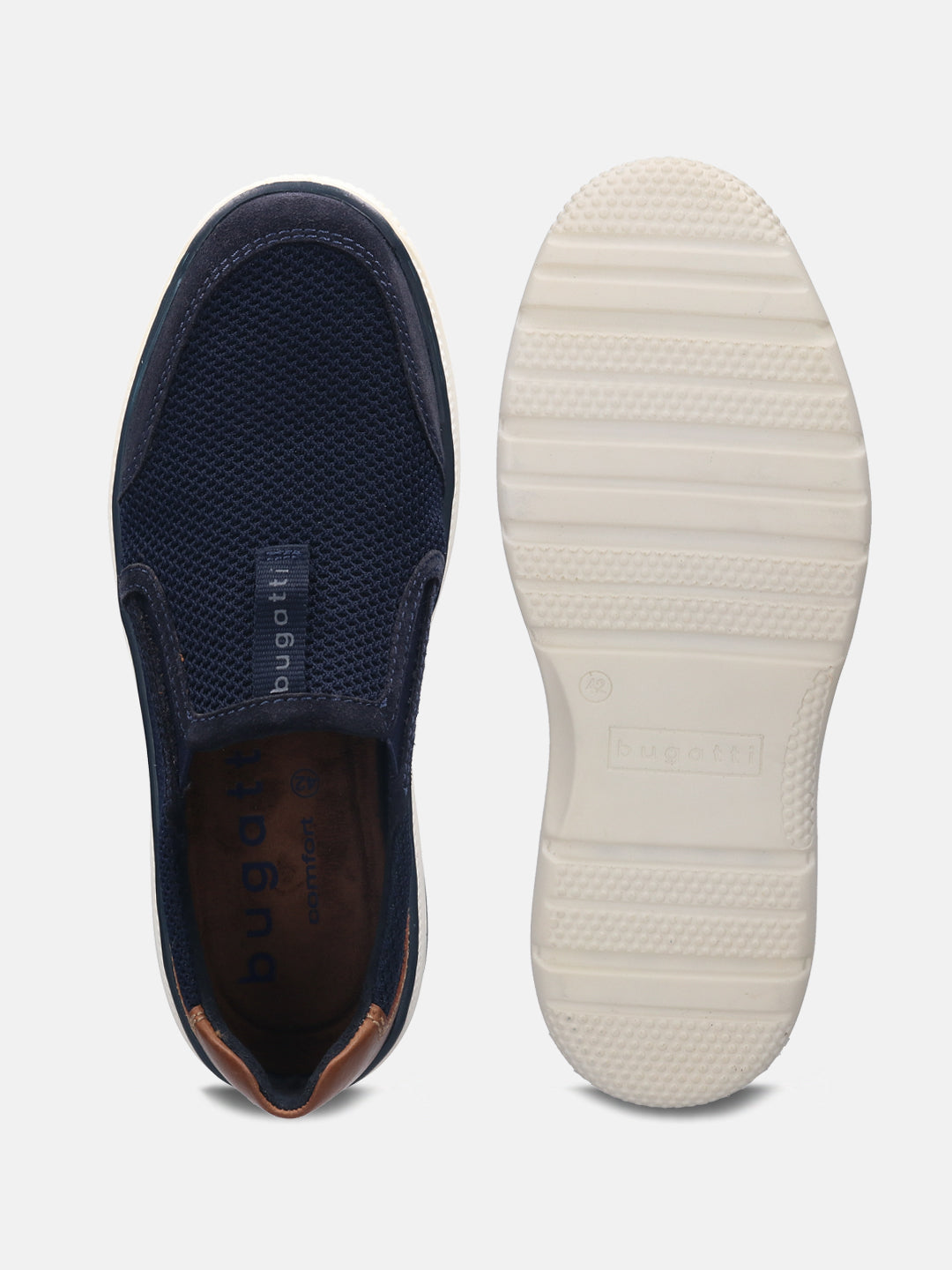 A blue Men's bugatti Casual Loafers featuring a round plain toe, zero heels heel, and a wide fit. Made from textile with a durable synthetic outsole, this slip-on design offers both style and comfort.