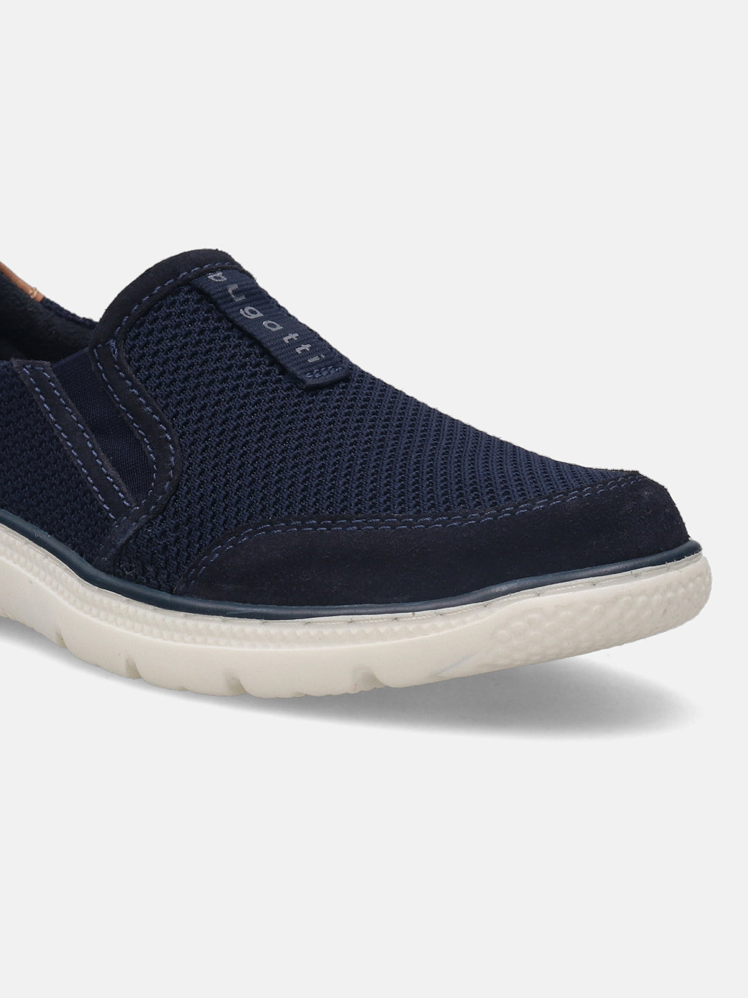 A blue Men's bugatti Casual Loafers featuring a round plain toe, zero heels heel, and a wide fit. Made from textile with a durable synthetic outsole, this slip-on design offers both style and comfort.