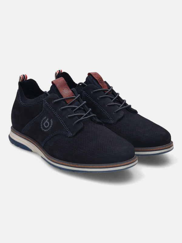 A blue Men's bugatti Oxford featuring a pointed plain toe, zero heels heel, and a wide fit. Made from suede leather with a durable tpr outsole, this laces design offers both style and comfort.