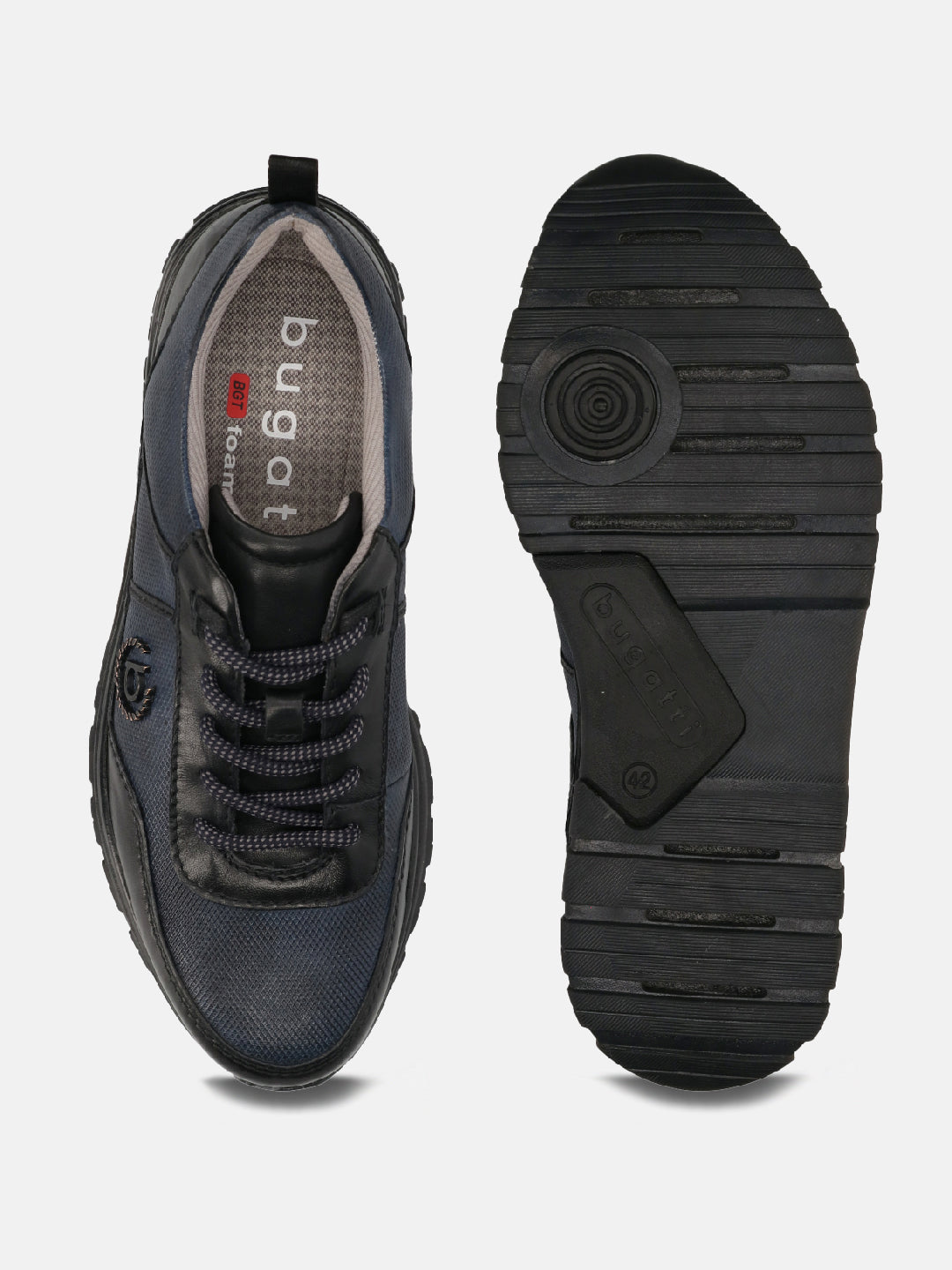 A black Men's bugatti  Sneakers featuring a round toe plain toe, zero heels heel. Made from premium genuine leather with a durable tpr outsole, this laces design offers both style and comfort.