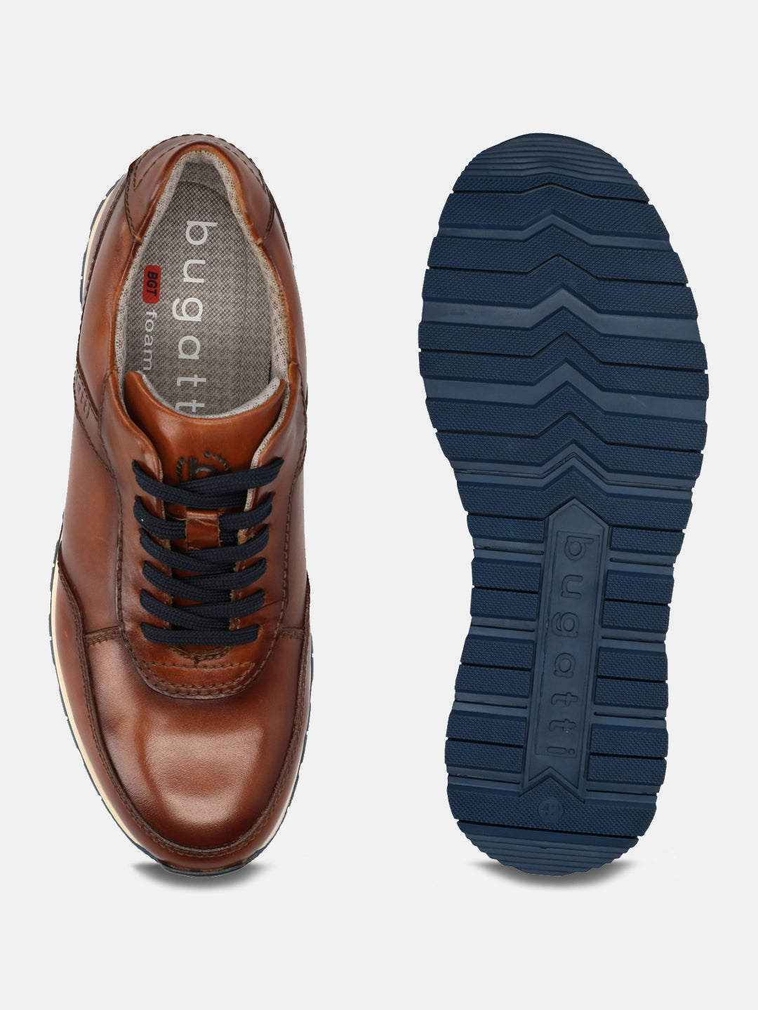 A cognac Men's bugatti  Sneakers featuring a round toe plain toe, zero heels heel. Made from premium genuine leather with a durable tpr outsole, this laces design offers both style and comfort.