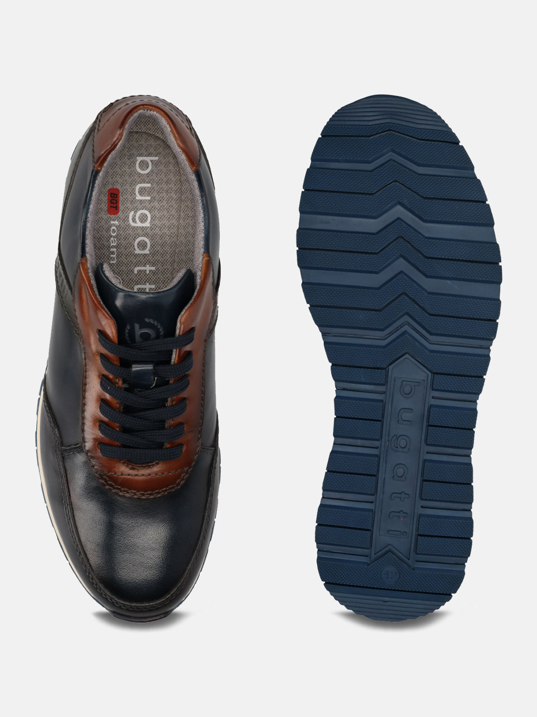 A blue Men's bugatti  Sneakers featuring a round toe plain toe, zero heels heel. Made from premium genuine leather with a durable tpr outsole, this laces design offers both style and comfort.