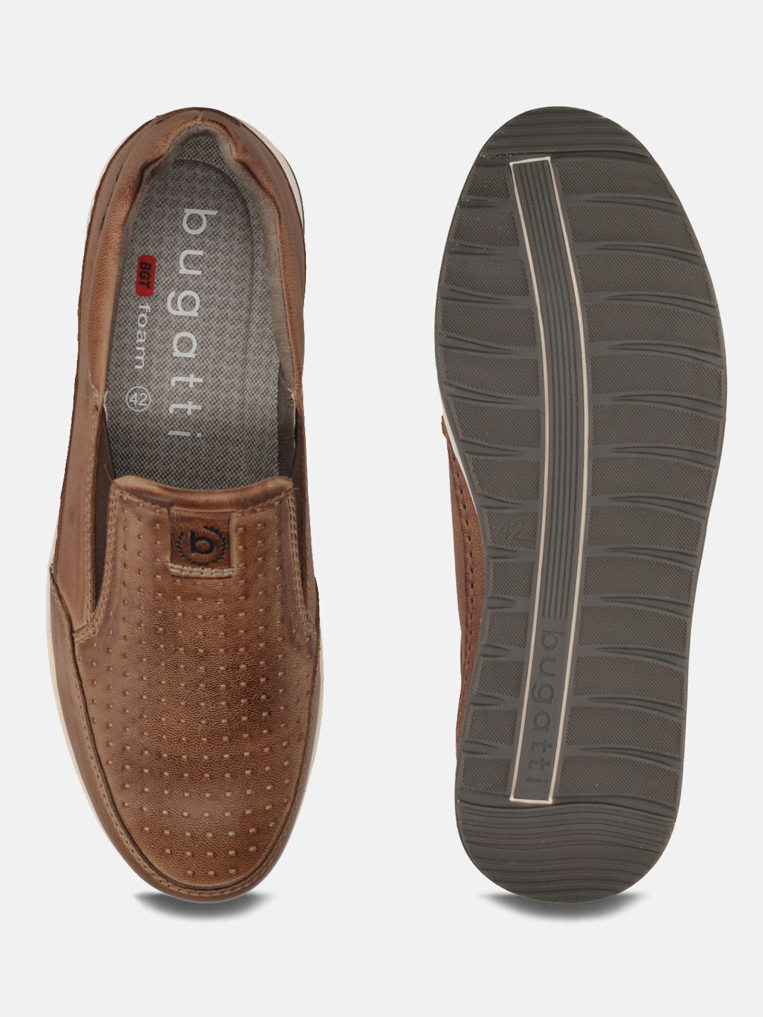 A yellow Men's bugatti  Slip-On Sneakers featuring a round toe plain toe, zero heels heel. Made from nubuck leather with a durable tpr outsole, this slip-on design offers both style and comfort.