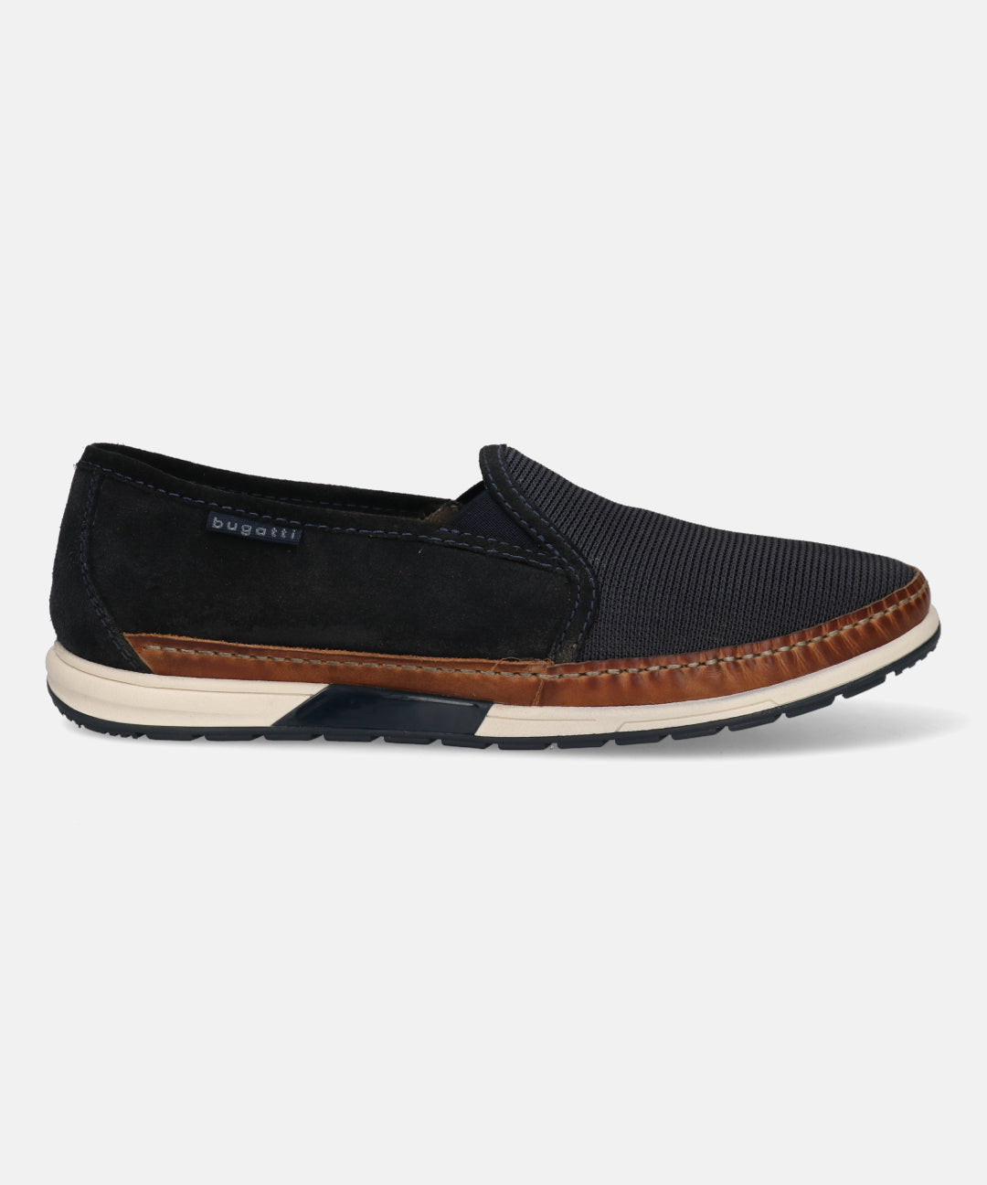 A blue Men's bugatti  Slip-On Sneakers featuring a round toe plain toe, zero heels heel. Made from textile with a durable tpr outsole, this slip-on design offers both style and comfort.