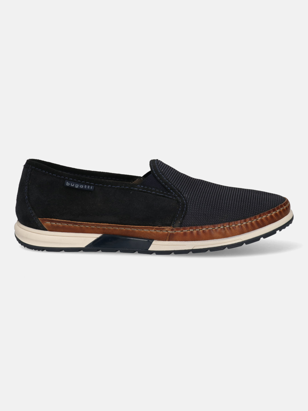A blue Men's bugatti  Slip-On Sneakers featuring a round toe plain toe, zero heels heel. Made from textile with a durable tpr outsole, this slip-on design offers both style and comfort.