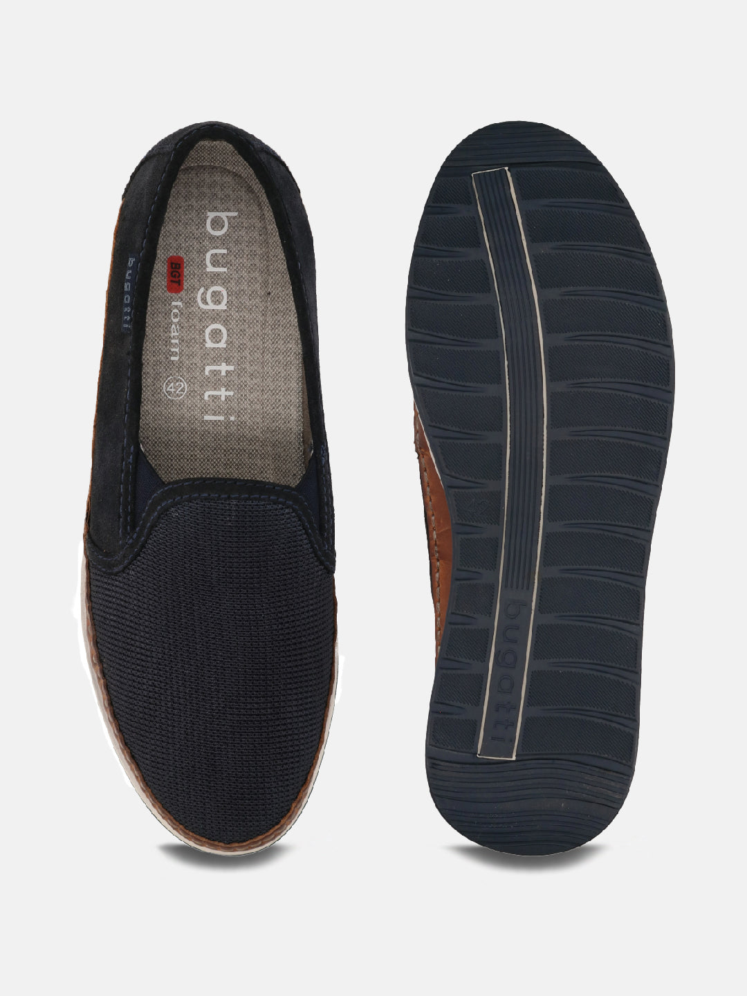A blue Men's bugatti  Slip-On Sneakers featuring a round toe plain toe, zero heels heel. Made from textile with a durable tpr outsole, this slip-on design offers both style and comfort.
