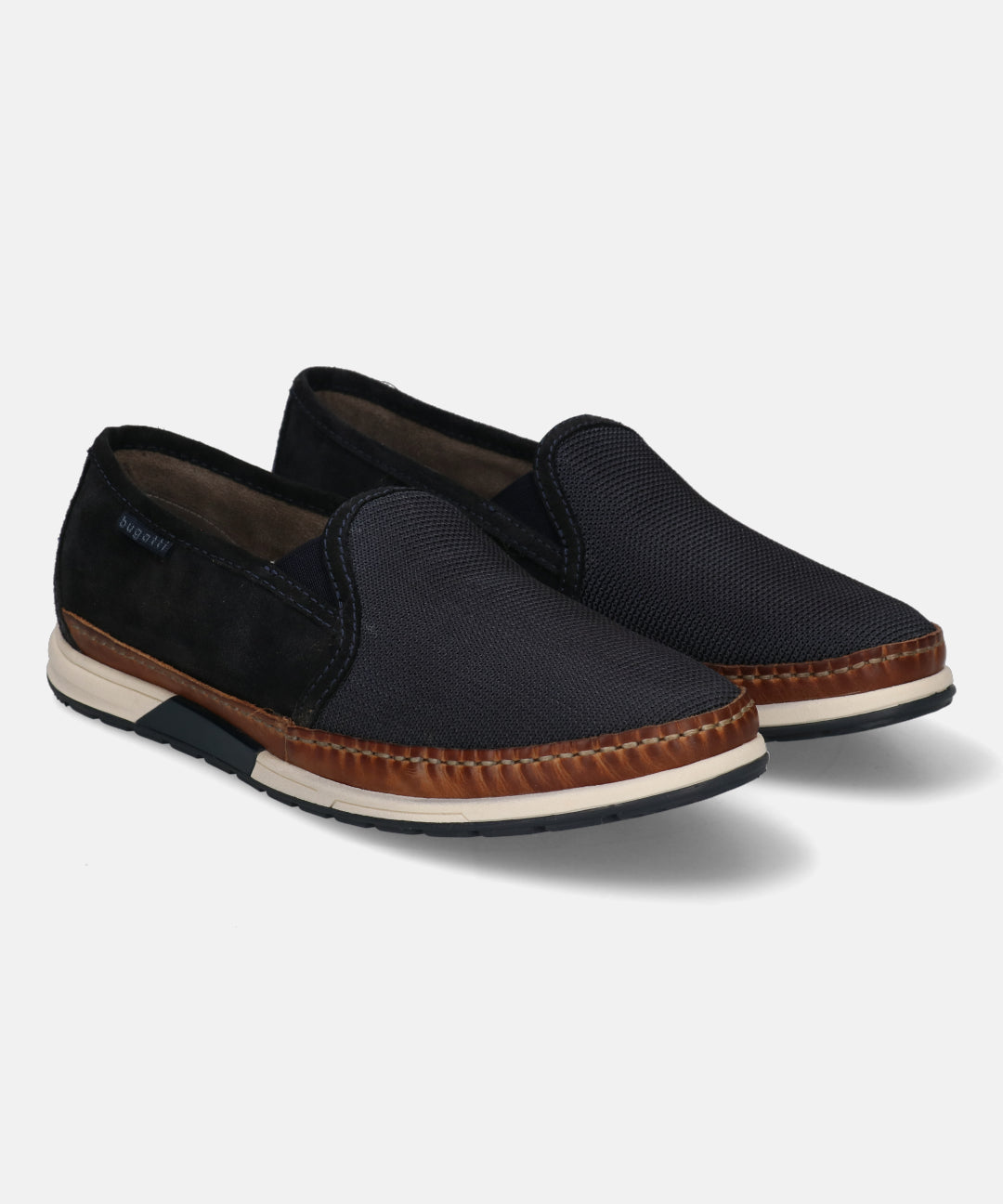 A blue Men's bugatti  Slip-On Sneakers featuring a round toe plain toe, zero heels heel. Made from textile with a durable tpr outsole, this slip-on design offers both style and comfort.