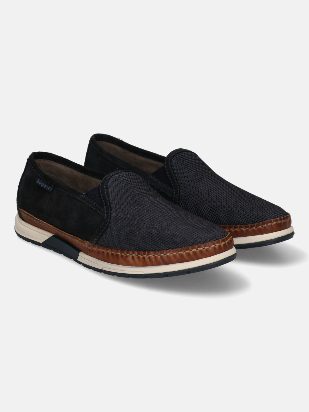 A blue Men's bugatti  Slip-On Sneakers featuring a round toe plain toe, zero heels heel. Made from textile with a durable tpr outsole, this slip-on design offers both style and comfort.